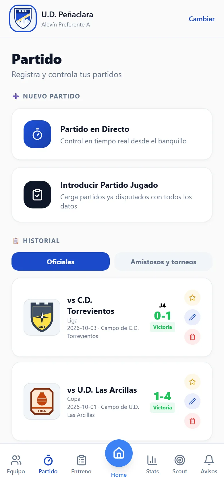 Pantalla de partido: partido en directo, introducir un partido jugado e historial de resultados